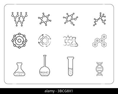 Icone di contorno del tratto modificabili relative a scienza e chimica impostate su un'illustrazione vettoriale piatta su sfondo bianco. Illustrazione Vettoriale
