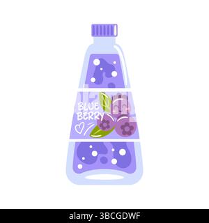 Una deliziosa e affascinante illustrazione in stile pixel che mostra una vivace bottiglia di sciroppo di mirtillo traboccante di colori Illustrazione Vettoriale