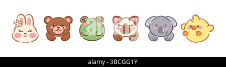 Una serie di adorabili illustrazioni vettoriali con simpatici volti di animali, tra cui coniglietto, orso, gattino, rana, koala e pulcino, ognuna presenta un'esperienza unica Illustrazione Vettoriale