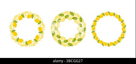 Una serie di cornici rotonde fatte di limoni, fette e foglie verdi. Illustrazione Vettoriale
