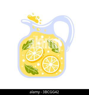 Rinfrescante la limonata in una caraffa di vetro, guarnita con fette di limone, foglie di menta e cubetti di ghiaccio. Perfetto per una calda giornata estiva Illustrazione Vettoriale