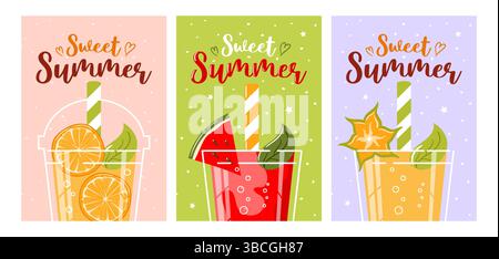Deliziose e colorate bevande estive adornate con fette di frutta fresca e divertenti cannucce, perfette per le promozioni stagionali Illustrazione Vettoriale