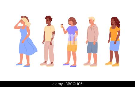 Illustrazione vettoriale di cinque persone diverse in fila, ognuna con abiti e acconciature unici, che mostrano una varietà di tonalità e stili della pelle. Illustrazione Vettoriale