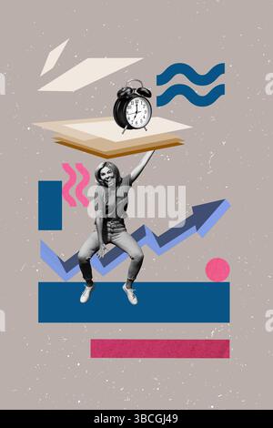 Collage di tendenza creativo di persone in piedi frecce verso l'alto con orologio su sfondo grigio Foto Stock