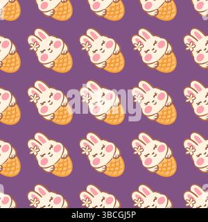 Un motivo senza cuciture caratterizzato da adorabili visi di coniglietti kawaii nei coni per gelato. Questo design adorabile aggiunge un tocco divertente ai prodotti per bambini o agli arredi divertenti. Illustrazione Vettoriale
