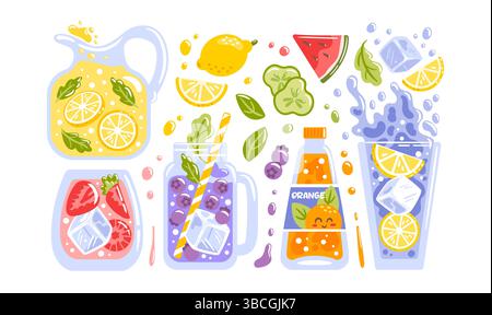 Questa illustrazione vettoriale mostra una serie vibrante di limonate rinfrescanti con cubetti di ghiaccio e ingredienti colorati come limone, fragola e acqua Illustrazione Vettoriale