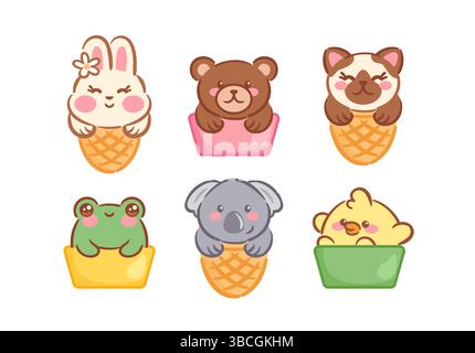 Simpatici cartoni animati in coniglietto, orso, gattino, rana, koala e pulcino. Ogni personaggio ha un'espressione e un colore unici, creando un gioco Illustrazione Vettoriale