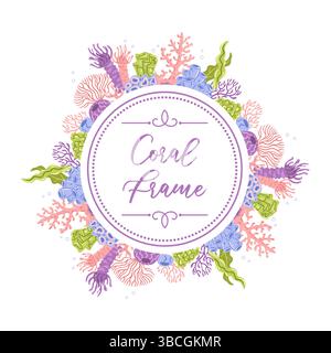 Una splendida cornice rotonda con eleganti disegni in corallo in diversi colori. Questo pezzo artistico è perfetto per mostrare foto e inviti Illustrazione Vettoriale