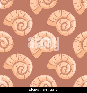 Questo motivo senza cuciture presenta conchiglie di lumaca stilizzate in calde tonalità beige su un ricco sfondo marrone. La sua tavolozza di colori terrosi aggiunge profondità e bellezza Illustrazione Vettoriale