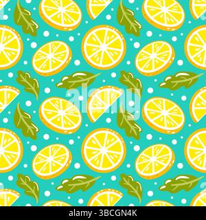 Un motivo vettoriale senza cuciture caratterizzato da vivaci limoni e foglie di menta. Il design divertente è caratterizzato da limoni e fette intere, che lo rendono ideale per il confezionamento Illustrazione Vettoriale