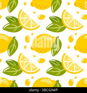 Un motivo vettoriale senza cuciture con limoni vivaci e uno sfondo luminoso. Il design divertente presenta intere fette e limoni, rendendolo ideale Illustrazione Vettoriale