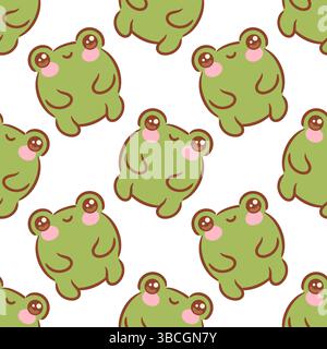Un motivo senza cuciture caratterizzato da adorabili rane verdi kawaii, ognuna con espressioni allegre e pose giocose, circondati da stravaganti tappetini di giglio e wate Illustrazione Vettoriale