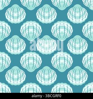 Un motivo senza cuciture caratterizzato da un assortimento di conchiglie splendidamente dettagliate, delicatamente disposte con morbide sfumature dell'oceano, perfetto per il design a tema spiaggia Illustrazione Vettoriale