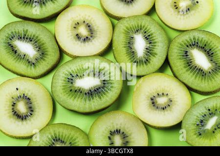 Vista orizzontale di strati di oro giallo e verde kiwi su un luminoso ad alto contrasto sfondo verde Foto Stock