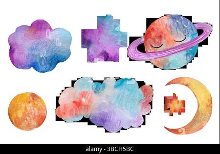 Un insieme di elementi acquerelli stelle, spazio, luna, nuvole, per bambini e bambine. Foto Stock