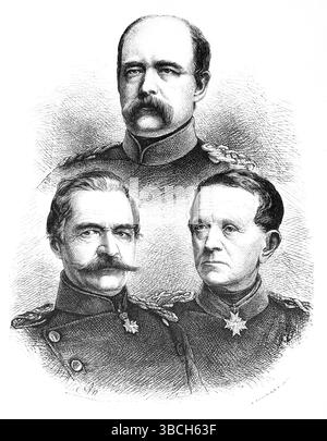 Ritratto di tre personalità della Prussia del XIX secolo, il principe otto von Bismarck, cancelliere e primo ministro, conte Albrecht von Roon (a sinistra), Gene Foto Stock
