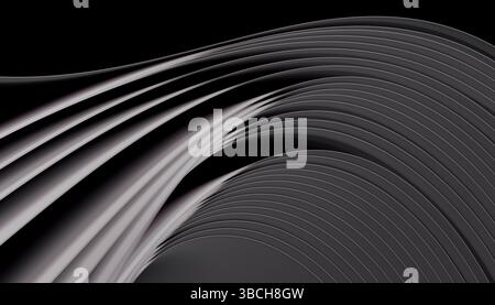 Curve in bianco e nero astratte che formano un pattern d'onda dinamico. Illustrazione del frullatore 3D. Foto Stock