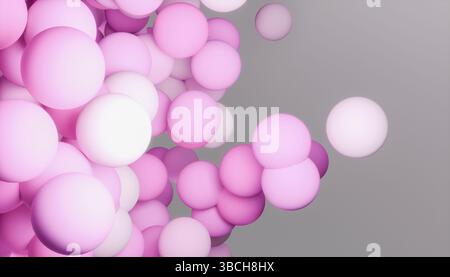 Un gruppo di sfere rosa e bianche su uno sfondo grigio tenue. Illustrazione del frullatore 3D. Foto Stock
