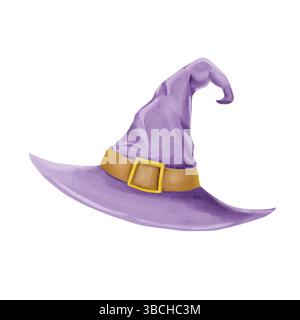 Cappello della strega con fibbia di colore viola. Illustrazione acquerello. Cappello di una strega, isolato su sfondo bianco. Il tema della magia, stregoneria e.. Foto Stock