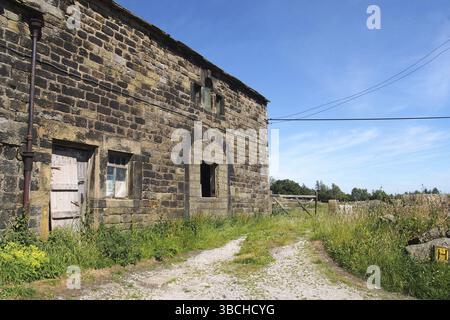Vecchio casolare abbandonato in pietra con finestra rotta e porta di legno malandata ricoperta di erbacce Foto Stock