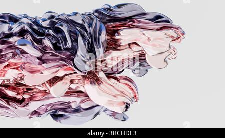 Vortici astratti di forme fluide viola, rosa e bianche su sfondo grigio. Illustrazione, rendering Blender 3D. Foto Stock