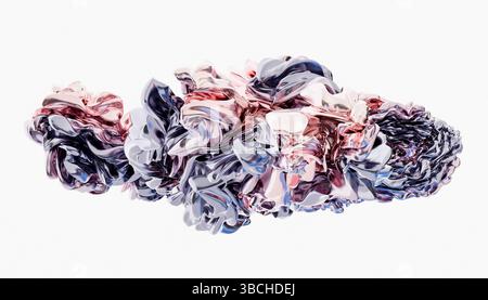 Scultura metallica astratta e vorticosa con sfumature di rosa, viola e blu su sfondo bianco. Illustrazione, rendering Blender 3D. Foto Stock