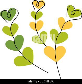 I rami disegnati a mano con forma a cuore lasciano un'idea creativa dell'elemento di design del Doodle Springtime Greeting. Illustrazione vettoriale isolata perfetta per i social media o i materiali promozionali, aggiungendo schede tematiche Illustrazione Vettoriale