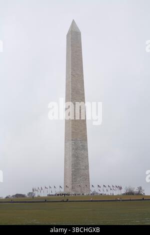 Il Washington Monument si erge alto contro un cielo nuvoloso, circondato da bandiere su un prato erboso. Road Trip USA Foto Stock