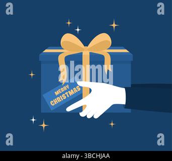 Mani in guanti bianchi con una confezione regalo legata a un nastro, con sopra un biglietto di auguri natalizi, vista laterale. Illustrazione vettoriale piatta Illustrazione Vettoriale