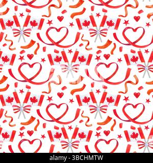 Motivo perfetto degli elementi delle festività del Canada Day. Bandiere, foglie d'acero, nastri e ghirlande festose in rosso e bianco. Acquerello dipinto a mano Foto Stock