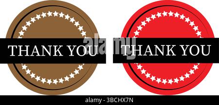 Etichette di ringraziamento con bordo a stella - emblemi rotondi marrone e rosso con nastro Illustrazione Vettoriale