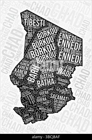 Le regioni del Ciad mappano Word cloud. Nomi delle regioni del Ciad. Design della mappa in bianco e nero. Elegante illustrazione vettoriale. Illustrazione Vettoriale