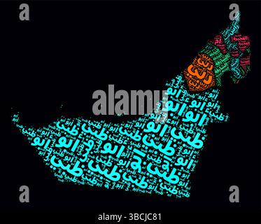 Aree degli Emirati Arabi Uniti Word Clouds. Design luminoso in stile neon su sfondo scuro. I nomi delle regioni del paese in lingua araba. Illustrazione Vettoriale