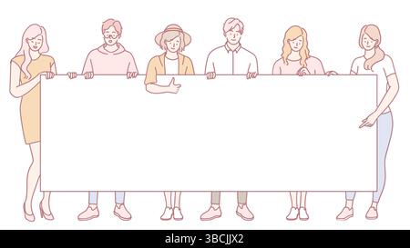 Un gruppo eterogeneo che tiene con orgoglio un grande banner vuoto, ideale per vari messaggi promozionali e di difesa Illustrazione Vettoriale