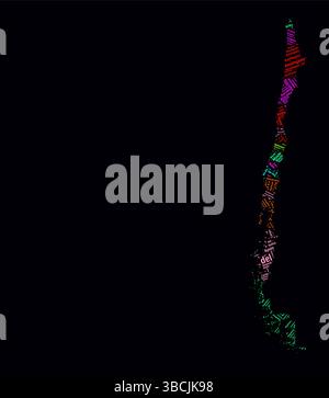 Nuvole di parole delle regioni del Cile. Design luminoso in stile neon su sfondo scuro. I nomi delle regioni del paese in lingua spagnola. Illustrazione Vettoriale