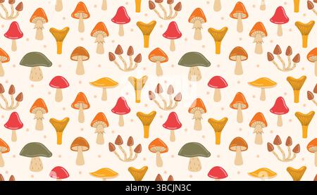 Motivo senza cuciture disegnato a mano con funghi autunnali e morbidi dettagli punteggiati. Accogliente atmosfera boschiva per l'uso in articoli di cancelleria, artigianato e design delle superfici stagionali Illustrazione Vettoriale