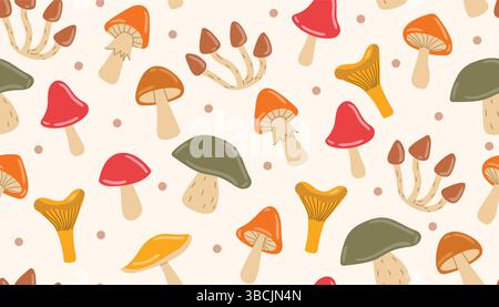 Motivo senza cuciture con simpatici funghi autunnali e punti sparsi. Design caldo e accogliente, perfetto per tessuti stagionali, carta da imballaggio o tema autunnale Illustrazione Vettoriale