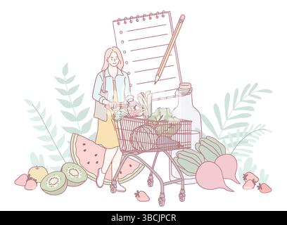Una donna sta acquistando una varietà di frutta e verdura fresca in un ambiente colorato e vivace Illustrazione Vettoriale