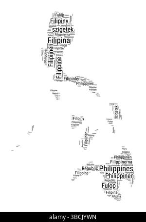 Nuvola di parole in bianco e nero nelle Filippine. Semplice illustrazione del paese in stile tipografico. Nuvola di testo nera nelle Filippine su sfondo bianco. Illustrazione Vettoriale
