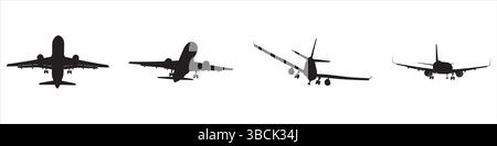 Set silhouette di aerei commerciali atterraggio e decollo su sfondo bianco Illustrazione Vettoriale