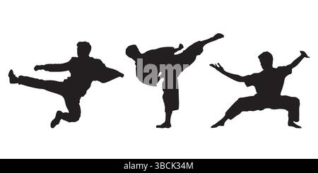 Silhouette di tre artisti marziali che eseguono calci e pose su sfondo bianco Illustrazione Vettoriale