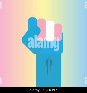 Simbolo del pugno di orgoglio transgender su sfondo sfumato arcobaleno Illustrazione Vettoriale