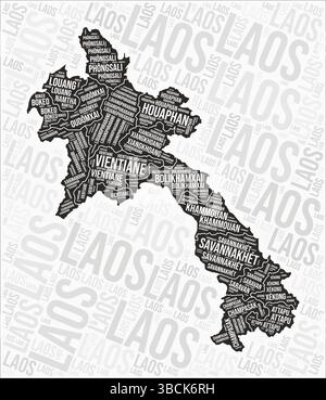 Le regioni del Laos mappano Word cloud. Nomi delle regioni del Laos. Design della mappa in bianco e nero. Incredibile illustrazione vettoriale. Illustrazione Vettoriale