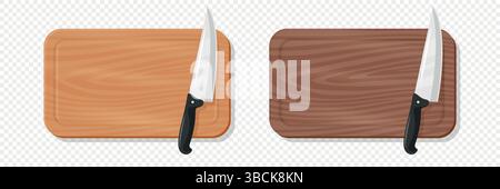 Tagliere in legno con cassettiera per carne, illustrazione vettoriale. Tagliere da cucina per la preparazione degli alimenti. Coltello da macellaio per tagliare la carne. Utensili da cucina Illustrazione Vettoriale