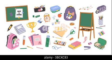 Set di forniture scolastiche isolate e cancelleria. Illustrazione Vettoriale