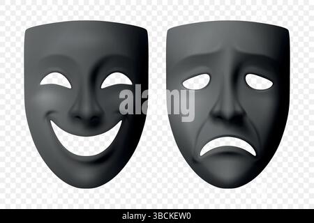 Set Vector 3d Theatre Masks. Realistic Comedy and Tragedy Theatre Masks in Black. Maschere classiche per teatro, spettacolo teatrale, recitazione, arte Illustrazione Vettoriale