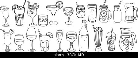 Set di bevande. Cocktail, vino, whisky e Cognac. Limonata, acqua, soda, frullato, tè freddo e frullato. Illustrazione vettoriale disegnata a mano in Doodle Illustrazione Vettoriale
