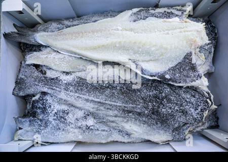 Merluzzo bianco salato o bakaliaros o nasello, Merluccius merluccius nel mercato greco del pesce. Orizzontale. Vista dall'alto. Foto Stock