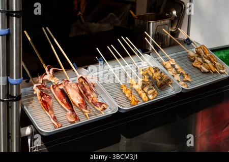 Spiedini di pesce e calamari fritti in una bancarella di cibo di strada nel Parco Ueno Foto Stock