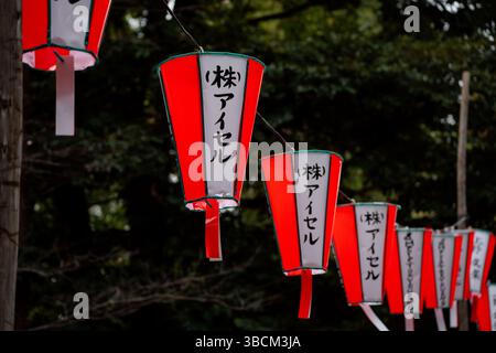 Lanterne rosse e bianche decorano il Sakura Festival nel Parco di Ueno Foto Stock